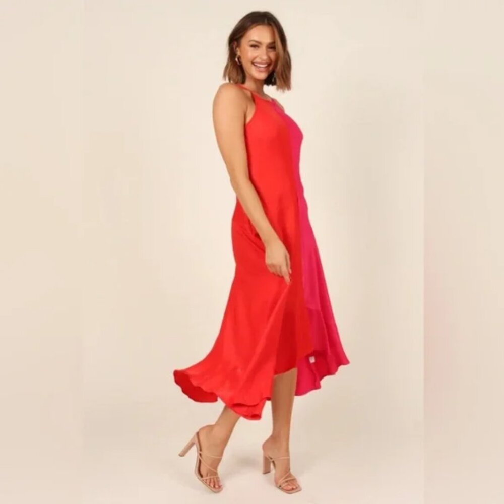 Petal and Pup Pink Red Colorblock Midi Dress US Size 2 Ruffle Hi-Low Hem